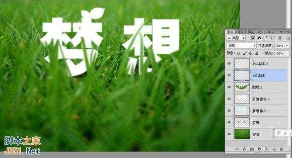 ‘如何利用PS制作绿色草丛里的文字‘