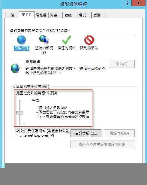 IE安全性等級則降級至中高级