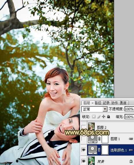 ‘Photoshop将树林婚片打造出经典暗调青黄色效果‘