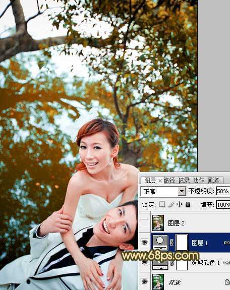 ‘Photoshop将树林婚片打造出经典暗调青黄色效果‘