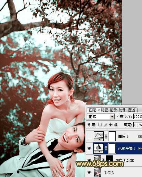 ‘Photoshop将树林婚片打造出经典暗调青黄色效果‘