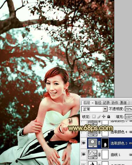 ‘Photoshop将树林婚片打造出经典暗调青黄色效果‘