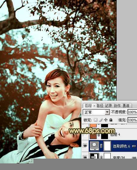 ‘Photoshop将树林婚片打造出经典暗调青黄色效果‘