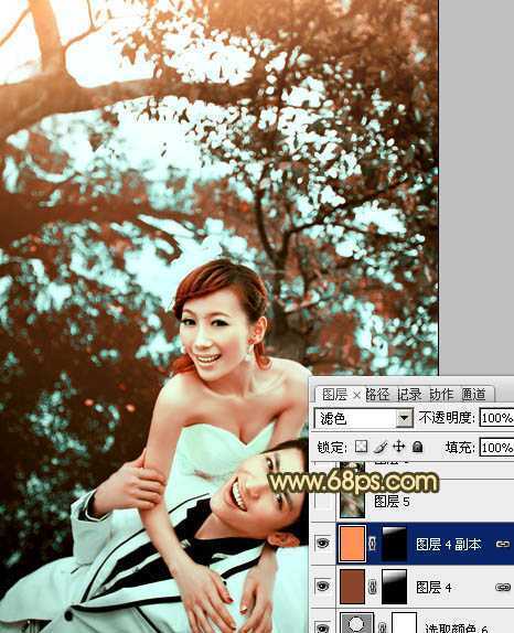 ‘Photoshop将树林婚片打造出经典暗调青黄色效果‘