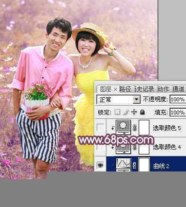 ‘Photoshop为草地情侣调制出朦胧的粉紫色‘