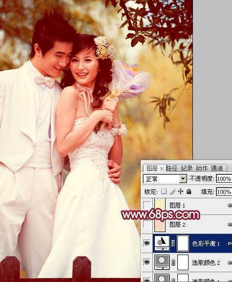 ‘Photoshop将树林婚片调成甜美的粉褐色‘