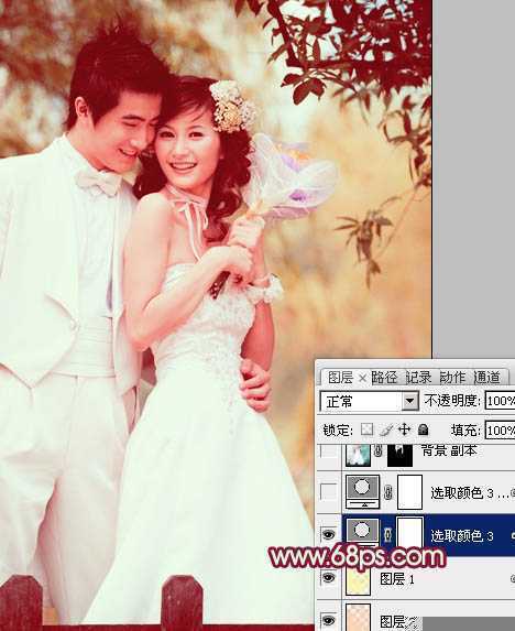 ‘Photoshop将树林婚片调成甜美的粉褐色‘