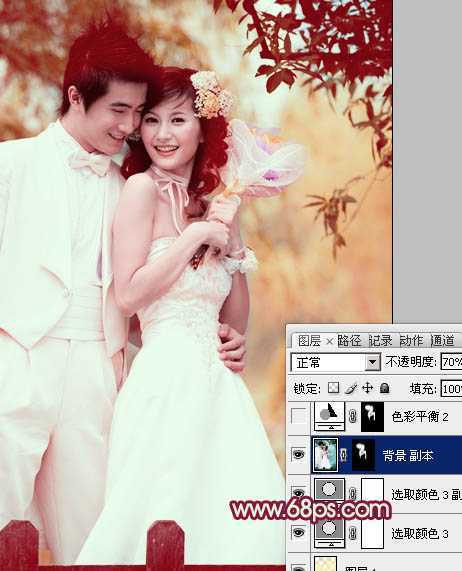 ‘Photoshop将树林婚片调成甜美的粉褐色‘