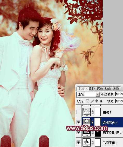 ‘Photoshop将树林婚片调成甜美的粉褐色‘