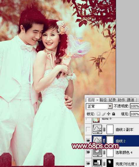 ‘Photoshop将树林婚片调成甜美的粉褐色‘