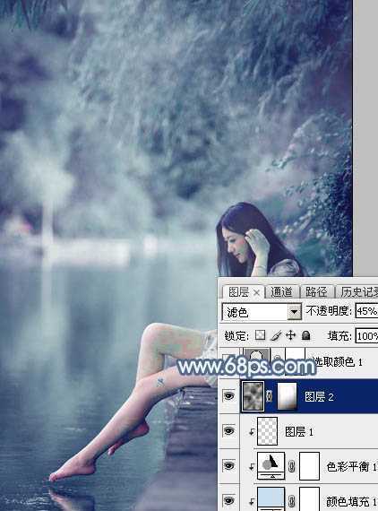 ‘Photoshop打造出唯美的秋季青蓝色塘边的美女图片‘