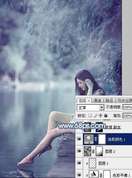 ‘Photoshop打造出唯美的秋季青蓝色塘边的美女图片‘