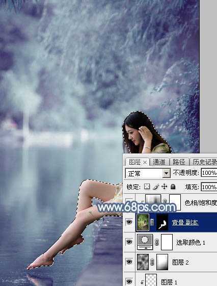 ‘Photoshop打造出唯美的秋季青蓝色塘边的美女图片‘