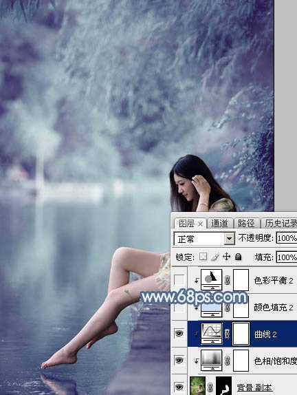 ‘Photoshop打造出唯美的秋季青蓝色塘边的美女图片‘