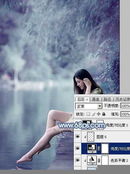 ‘Photoshop打造出唯美的秋季青蓝色塘边的美女图片‘