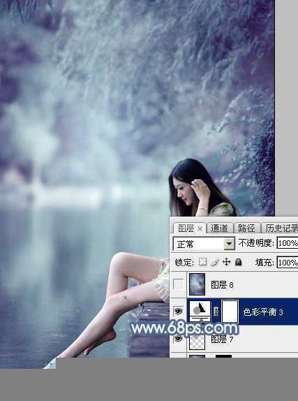 ‘Photoshop打造出唯美的秋季青蓝色塘边的美女图片‘