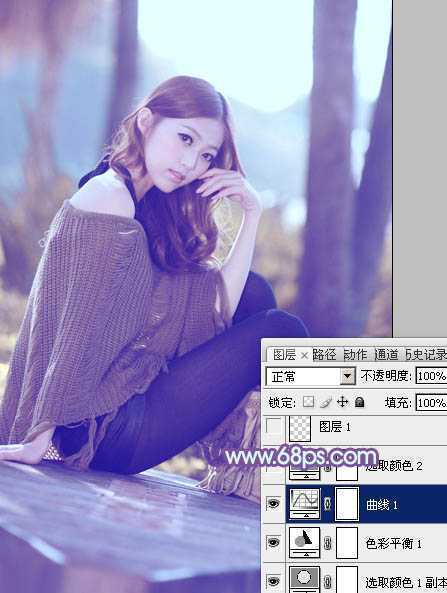 ‘Photoshop将树林中的美女图片增加柔和的冷色(蓝紫色)‘