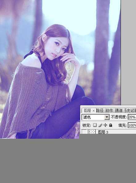 ‘Photoshop将树林中的美女图片增加柔和的冷色(蓝紫色)‘