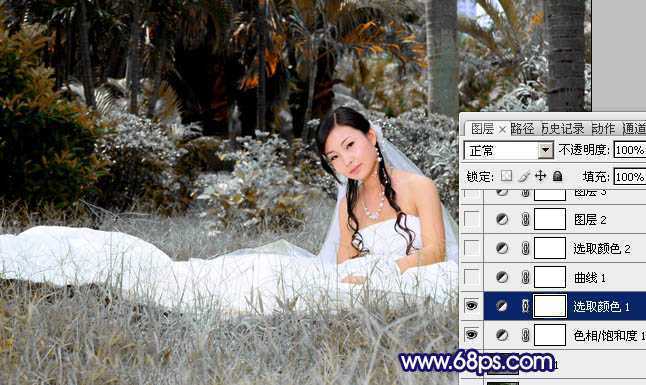 ‘Photoshop将外景婚片调成斑斓的暗蓝色‘