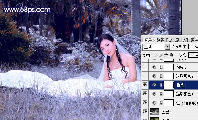 ‘Photoshop将外景婚片调成斑斓的暗蓝色‘