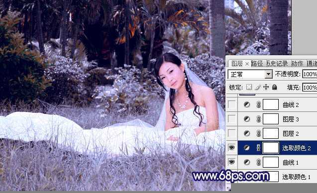‘Photoshop将外景婚片调成斑斓的暗蓝色‘