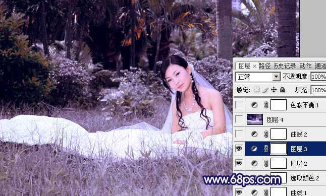 ‘Photoshop将外景婚片调成斑斓的暗蓝色‘