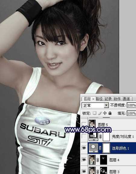 ‘Photoshop将美女车模调制出低饱和的淡黄色质感肤色‘