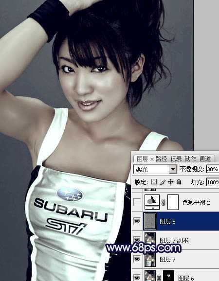‘Photoshop将美女车模调制出低饱和的淡黄色质感肤色‘