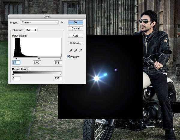 ‘Photoshop为酷哥的摩托车加上闪亮的车灯‘