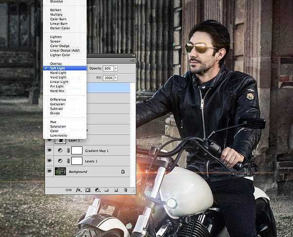 ‘Photoshop为酷哥的摩托车加上闪亮的车灯‘