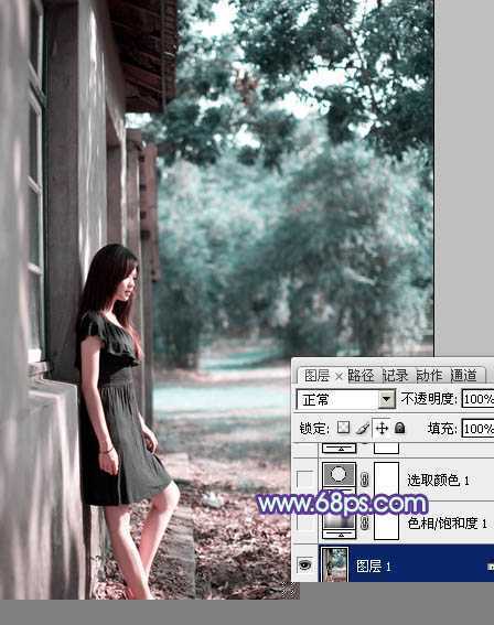 ‘photoshop利用通道替换将房檐下美女图片增加上柔和的蓝色效果‘