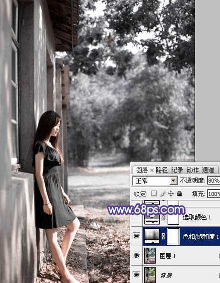 ‘photoshop利用通道替换将房檐下美女图片增加上柔和的蓝色效果‘