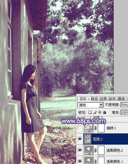 ‘photoshop利用通道替换将房檐下美女图片增加上柔和的蓝色效果‘
