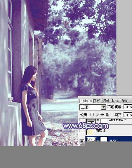 ‘photoshop利用通道替换将房檐下美女图片增加上柔和的蓝色效果‘