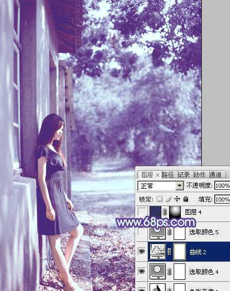 ‘photoshop利用通道替换将房檐下美女图片增加上柔和的蓝色效果‘