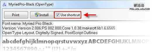 在 Windows7 上安装字体快捷方式：勾选“use shortcut” -快享quickshare.com.cn