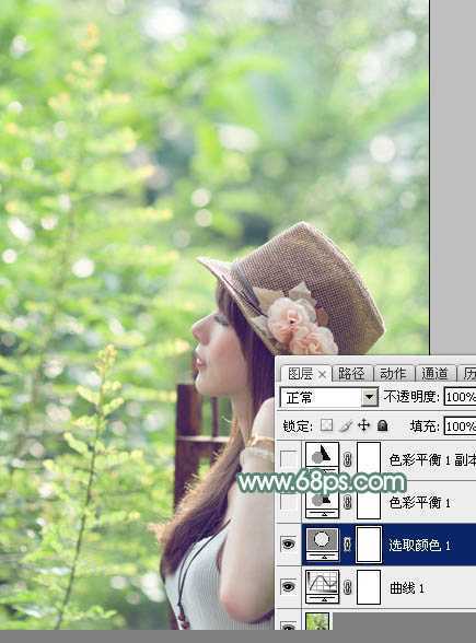 ‘Photoshop为外景美女图片打造出甜美小清新淡淡黄绿色‘