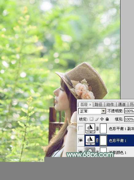‘Photoshop为外景美女图片打造出甜美小清新淡淡黄绿色‘