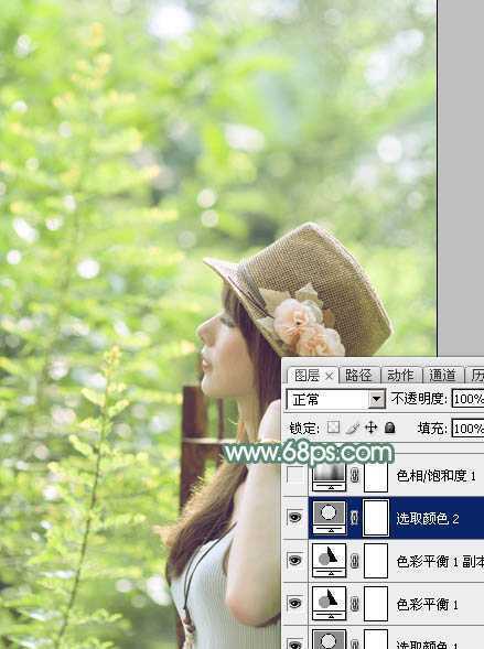 ‘Photoshop为外景美女图片打造出甜美小清新淡淡黄绿色‘