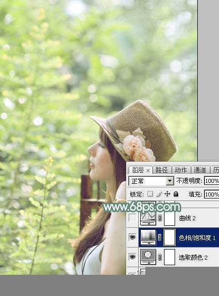 ‘Photoshop为外景美女图片打造出甜美小清新淡淡黄绿色‘