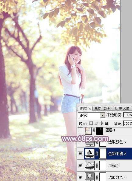 ‘Photoshop为树荫下的美女图片打造淡淡柔美的蓝黄色‘