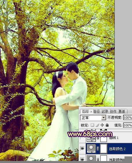 ‘Photoshop为树林婚片加上柔和的黄绿色效果教材‘