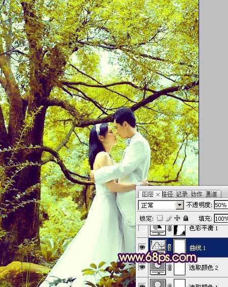 ‘Photoshop为树林婚片加上柔和的黄绿色效果教材‘