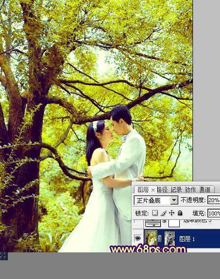 ‘Photoshop为树林婚片加上柔和的黄绿色效果教材‘