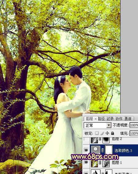 ‘Photoshop为树林婚片加上柔和的黄绿色效果教材‘