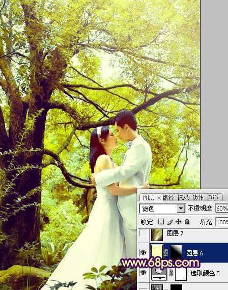 ‘Photoshop为树林婚片加上柔和的黄绿色效果教材‘