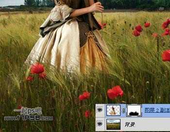 ‘photoshop合成黎明时站在草丛手拿玫瑰美女图片‘