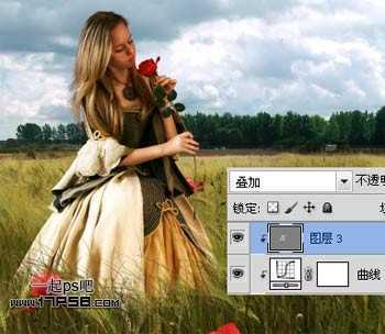 ‘photoshop合成黎明时站在草丛手拿玫瑰美女图片‘