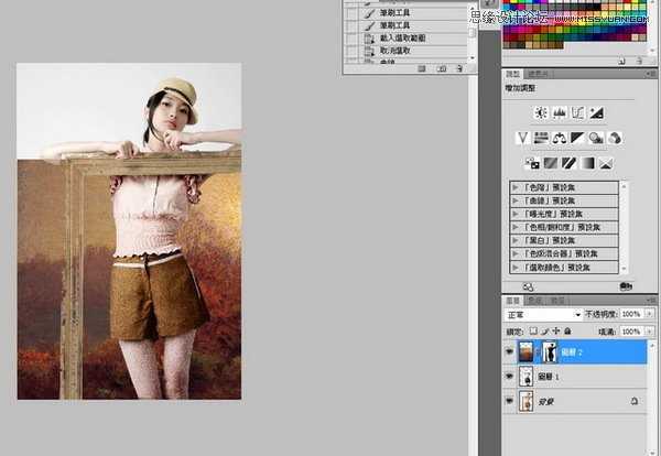 ‘Photoshop将美女人像照片制作出框外是照片框内是油画风格效果‘