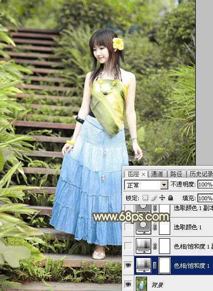 ‘Photoshop为台阶上的美女加上唯美的阳光暖褐色‘